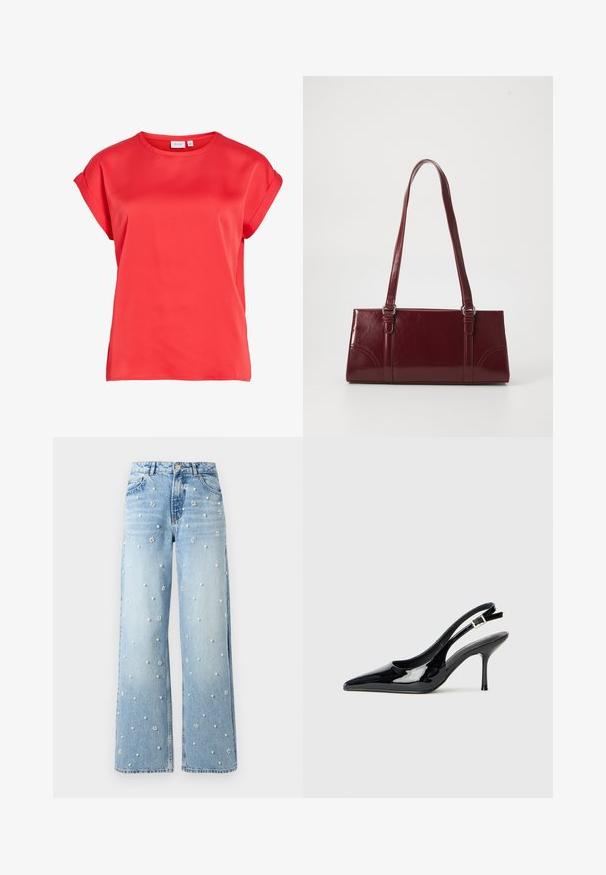 Rote Bluse mit kurzen Ärmeln, hochgekrempelten Manschetten und rundem Ausschnitt, aus glattem Stoff, gezeigt auf weißem Hintergrund.; Hellblaue Jeans mit weitem Bein, verziert mit Perlen und blumenförmigen Perlen, die über den Stoff verteilt sind, mit sichtbarem Vorderknopf und Taschen.; Schwarze Lackleder Slingback-Pumps mit einer spitzen Zehe und schlankem Absatz. Mit einem verstellbaren Schnallenriemen hinten. Glatte Textur.; Burgunderfarbene Handtasche aus glänzendem Material, rechteckige Form, mit zwei Schulterriemen und subtilen, geschwungenen Akzenten an der Vorderseite.
