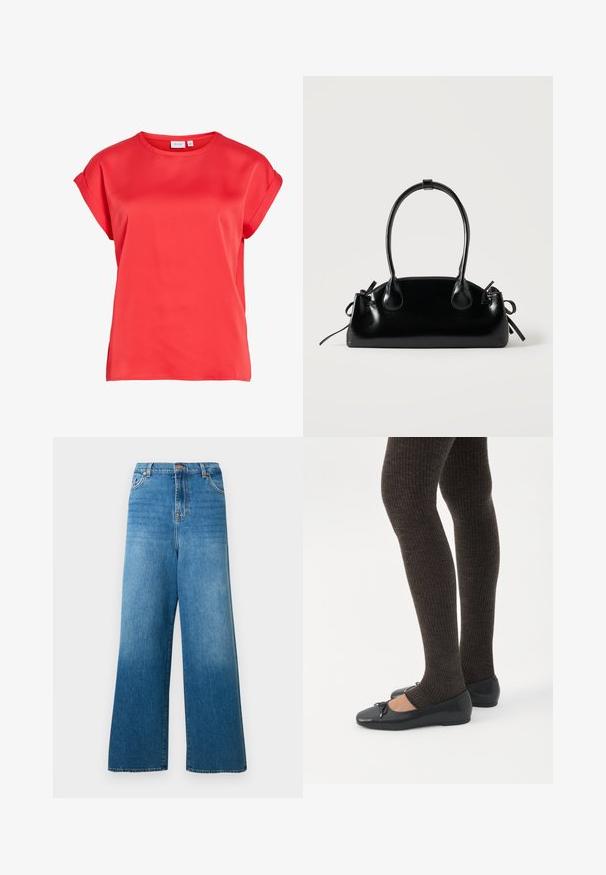 Blouse rouge à manches courtes avec poignets retroussés et encolure ronde, en tissu lisse, présentée sur fond blanc.; Jean bleu à jambes larges en denim. Caractérisé par une taille haute avec passants pour ceinture et une fermeture éclair à l'avant. Texture délavée avec des détails subtils de whiskering.; Jambes portant des leggings côtelés foncés associés à des ballerines noires avec de petits détails en nœud sur fond blanc.; Petit sac à main noir brillant avec deux longues anses et des détails à cordon sur les côtés sur un fond clair uni.