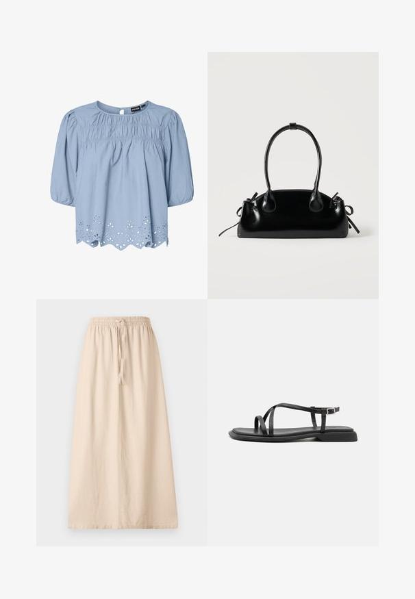Lichtblauwe blouse van katoen met een ronde halslijn, puffed sleeves en ingewikkelde oogjeskant details aan de zoom.; Beige, enkelgevelrok gemaakt van lichtgewicht stof met een elastische tailleband en een verstelbare strik. Beschikt over een ontspannen, rechte pasvorm.; Zwarte platte sandalen met dunne verstelbare bandjes, rechthoekige teenpost en een gestructureerde matte afwerking. Voorzien van een lage, licht vierkante hak.; Kleine zwarte glanzende handtas met twee lange hengsels en zijkant trekkoord details op een effen lichte achtergrond.