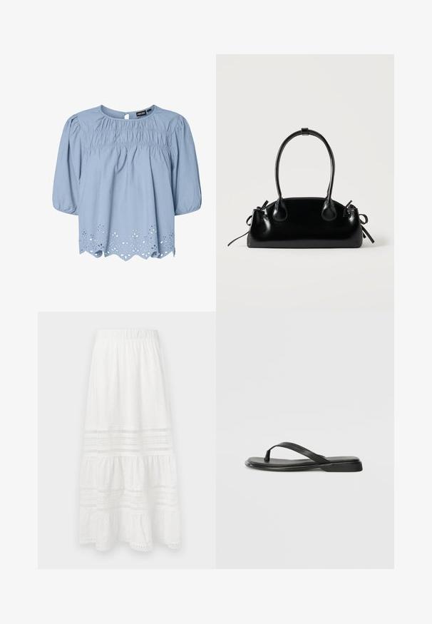 Blusa azul claro de algodón con escote redondo, mangas abullonadas y detalles de encaje de ojo de perdiz intrincados en el dobladillo.; Falda maxi de algodón blanca con tejido de ojales, diseño en capas, cinturilla elástica y adornos de encaje a lo largo del dobladillo y los paneles.; Chancla negra de piel suave, con un diseño de tira delgada y una suela plana de perfil mínimo. Sin patrones ni acentos notables.; Pequeño bolso negro brillante con dos asas largas y detalles de cordón lateral sobre un fondo claro liso.