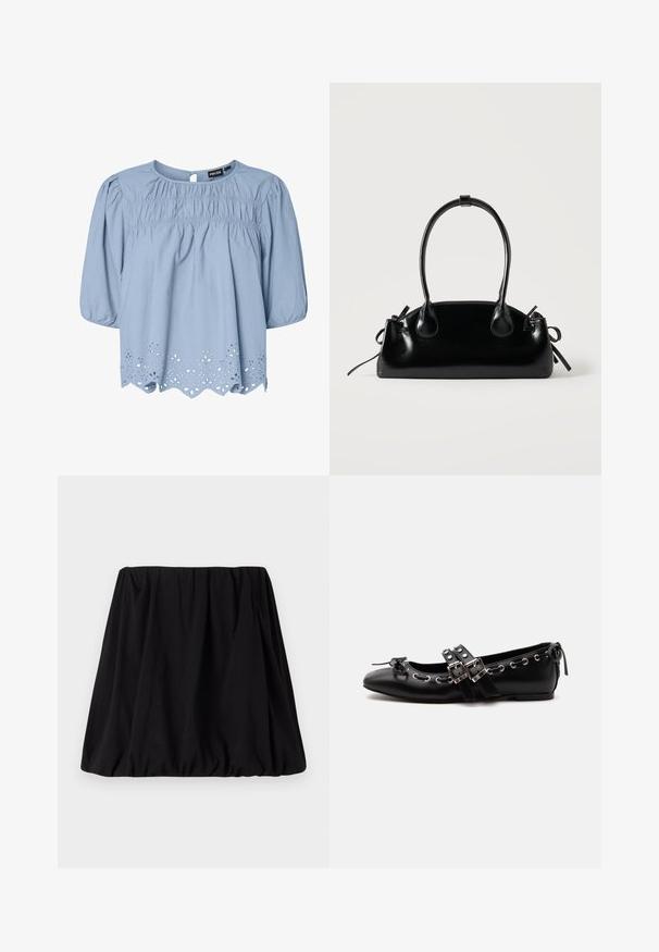 Hellblaue Bluse aus Baumwolle mit Rundhalsausschnitt, Puffärmeln und aufwendigen Spitzenornamenten am Saum.; Schwarzer, geraffter Rock aus weichem Stoff, mit einem elastischen Taillenbund und einer voluminösen Silhouette. Keine sichtbaren Muster oder Akzente.; Schwarzer flacher Ballettschuh mit doppelten Schnallenriemen, silbernen Ösen und einer kleinen Schleife nahe der abgerundeten Spitze auf weißem Hintergrund.; Kleine schwarze glänzende Handtasche mit zwei langen Griffen und seitlichen Kordelzug-Details vor einfachem hellem Hintergrund.