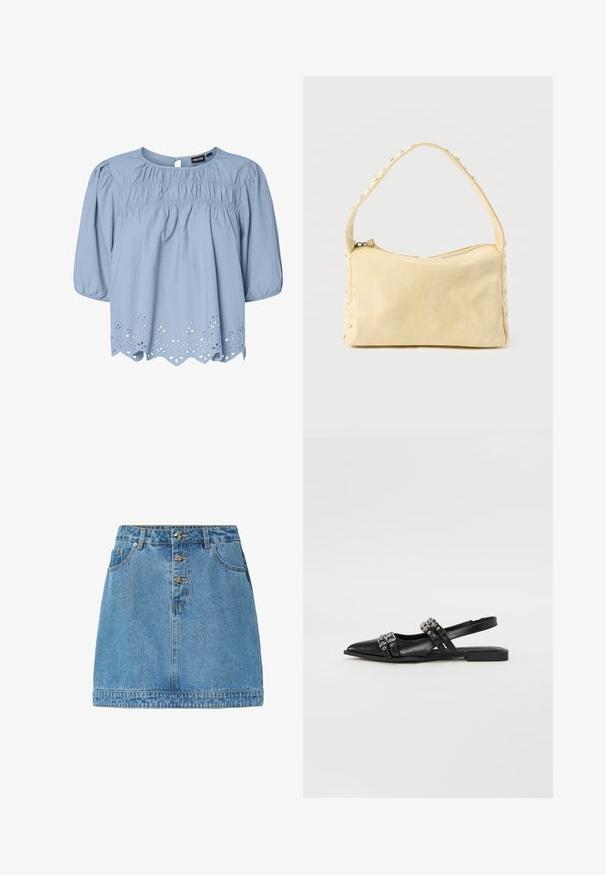 Lichtblauwe blouse van katoen met een ronde halslijn, puffed sleeves en ingewikkelde oogjeskant details aan de zoom.; Leren spijkerrok in lichtblauw, met een rechte snit, een voorste knoopsluiting met metallic accenten, twee zijzakken en gestikte zoom.; Even&Odd by Zalando Slingback ballerina´s - black; Kleine beige leren handtas met een enkele band en zilveren studs langs de randen en band, tegen een effen achtergrond.