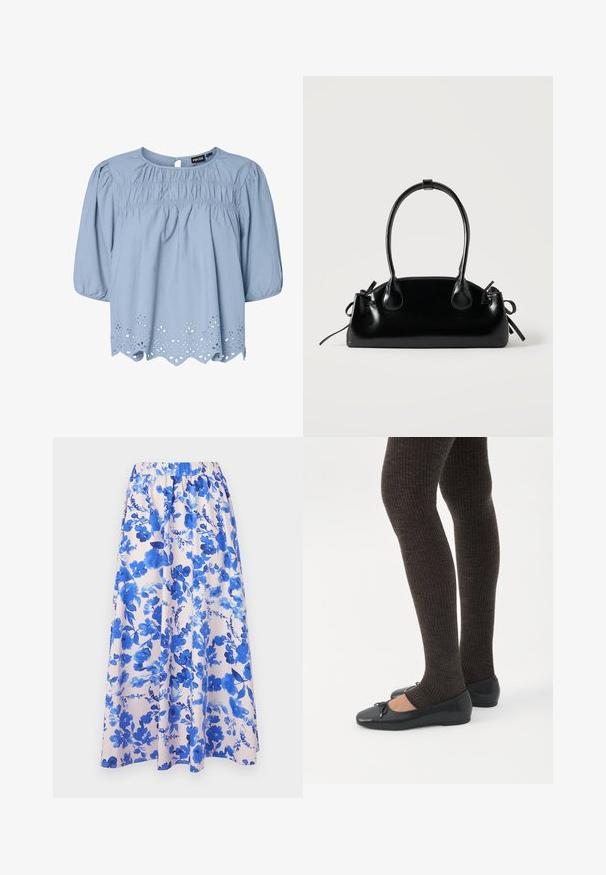 Blusa azul claro de algodón con escote redondo, mangas abullonadas y detalles de encaje de ojo de perdiz intrincados en el dobladillo.; Falda maxi floral con un fondo rosa y patrones florales en acuarela de color azul; cinturilla elástica; tela fluida.; Piernas con leggings oscuros acanalados combinados con bailarinas negras que presentan pequeños detalles de lazo sobre un fondo blanco.; Pequeño bolso negro brillante con dos asas largas y detalles de cordón lateral sobre un fondo claro liso.