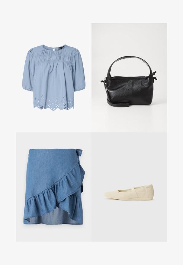 Blouse bleu clair en coton avec un col rond, des manches bouffantes et des détails en dentelle ajourée complexes au niveau de l'ourlet.; Jupe portefeuille en denim bleu clair, avec un ourlet à volants et un détail à nouer à la taille. Texture lisse et silhouette fluide.; Ballerines beiges avec une exterior en cuir lisse, un bout en forme d'amande et une sangle élastique sur le coup de pied, avec des détails de couture subtils.; Sac à main en cuir noir au design structuré, avec une poignée arrondie et une bandoulière amovible. Présente une texture lisse et un éclat subtil.