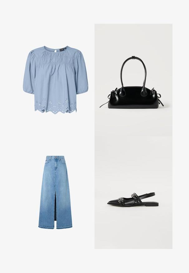 Hellblaue Bluse aus Baumwolle mit Rundhalsausschnitt, Puffärmeln und aufwendigen Spitzenornamenten am Saum.; Hellblauer Denim-Maxirock mit einem Frontschlitz, typischer A-Linien-Form, verarbeitetem Saum und klassischem Fünf-Taschen-Design. Knopfverschluss an der Taille.; Even&Odd by Zalando Sling-Ballerina - black; Kleine schwarze glänzende Handtasche mit zwei langen Griffen und seitlichen Kordelzug-Details vor einfachem hellem Hintergrund.