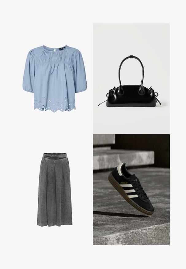 Blusa azul claro de algodón con escote redondo, mangas abullonadas y detalles de encaje de ojo de perdiz intrincados en el dobladillo.; Falda de mezclilla gris con pliegues, cinturilla elástica, de longitud a la rodilla y con una superficie texturizada. Diseño simple sin patrones o adornos visibles.; Zapatilla negra de Adidas con rayas blancas y suela de goma flotando sobre escalones de concreto gris a la luz natural.; Pequeño bolso negro brillante con dos asas largas y detalles de cordón lateral sobre un fondo claro liso.