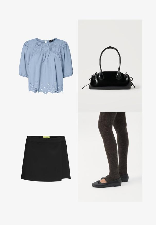 Blouse bleu clair en coton avec un col rond, des manches bouffantes et des détails en dentelle ajourée complexes au niveau de l'ourlet.; Jupe portefeuille noire en tissu lisse, présentant une taille haute et une fente sur le côté. L'étiquette est visible dans une couleur jaune vif contrastante.; Jambes portant des leggings côtelés foncés associés à des ballerines noires avec de petits détails en nœud sur fond blanc.; Petit sac à main noir brillant avec deux longues anses et des détails à cordon sur les côtés sur un fond clair uni.