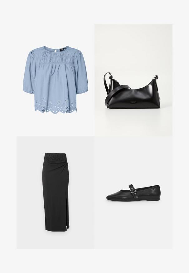 Blusa azul claro de algodón con escote redondo, mangas abullonadas y detalles de encaje de ojo de perdiz intrincados en el dobladillo.; Falda negra de longitud media, hecha de una tela suave. Presenta una cintura elástica, un detalle retorcido en la cadera y una abertura lateral. Textura suave en general.; Zapato plano de cuero negro con punta redondeada, una sola correa ajustable con hebilla y una textura suave y brillante. Diseño minimalista con un tacón bajo.; Bolso de mano de cuero negro con una textura suave. Cuenta con una correa ajustable y un diseño elegante y minimalista con cierre de cremallera.