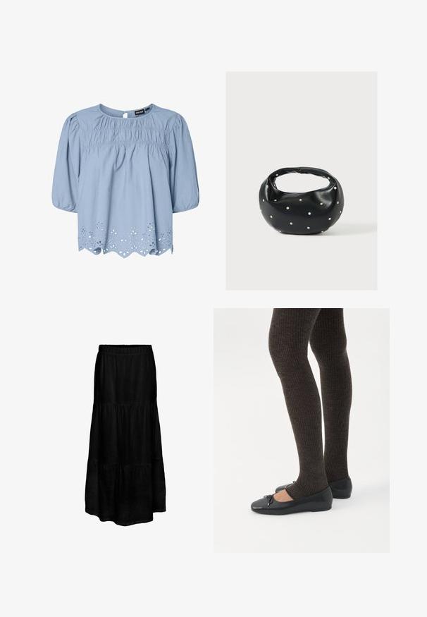Lichtblauwe blouse van katoen met een ronde halslijn, puffed sleeves en ingewikkelde oogjeskant details aan de zoom.; Zwarte, gelaagde maxirok met een elastische tailleband, gemaakt van een lichtgewicht stof, met een gestructureerde afwerking en een vloeiende silhouette.; Benen met donkere geribbelde leggings gecombineerd met zwarte ballerina's met kleine strikdetails op een witte achtergrond.; Zwarte leren handtas met een afgeronde vorm, versierd met zilveren studs, en een korte handgreep. Gladde textuur en ritsluiting.