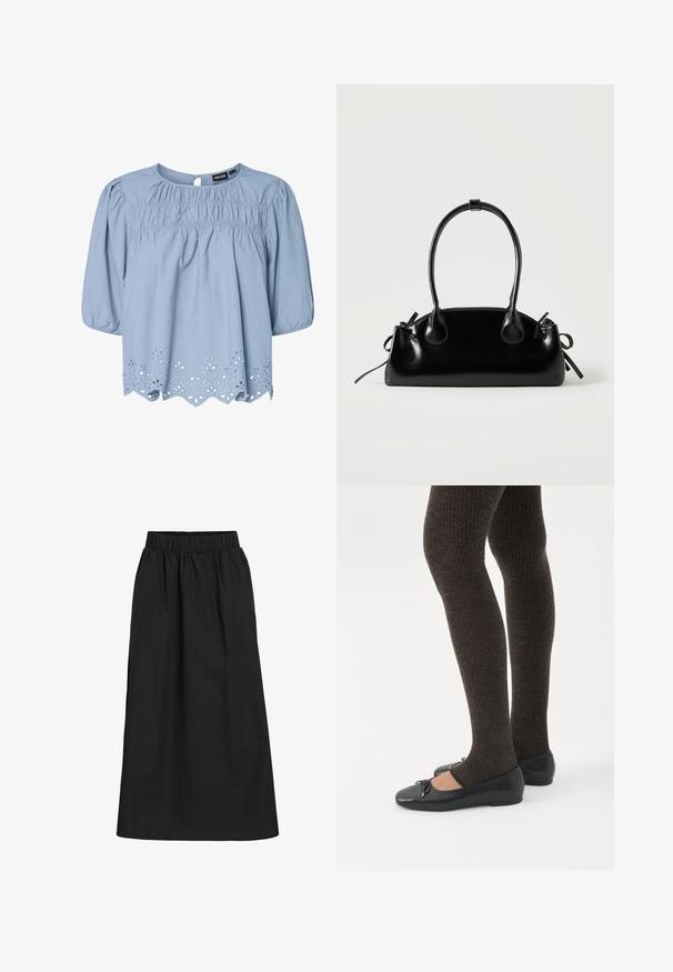 Lichtblauwe blouse van katoen met een ronde halslijn, puffed sleeves en ingewikkelde oogjeskant details aan de zoom.; Zwarte, knie-lange rok gemaakt van zachte, lichte stof. Heeft een elastische tailleband en een eenvoudig, vloeiend ontwerp zonder versieringen.; Benen met donkere geribbelde leggings gecombineerd met zwarte ballerina's met kleine strikdetails op een witte achtergrond.; Kleine zwarte glanzende handtas met twee lange hengsels en zijkant trekkoord details op een effen lichte achtergrond.