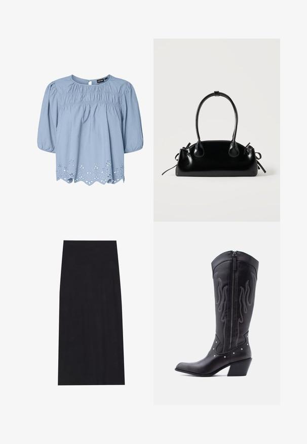 Blouse bleu clair en coton avec un col rond, des manches bouffantes et des détails en dentelle ajourée complexes au niveau de l'ourlet.; Jupe midi noire en tissu doux et extensible. Présente une silhouette droite et une taille élastique pour un ajustement confortable.; Bottes de cow-boy en cuir noir avec bout pointu, coutures apparentes, ornements à clous argentés et fermeture éclair sur le côté intérieur.; Petit sac à main noir brillant avec deux longues anses et des détails à cordon sur les côtés sur un fond clair uni.