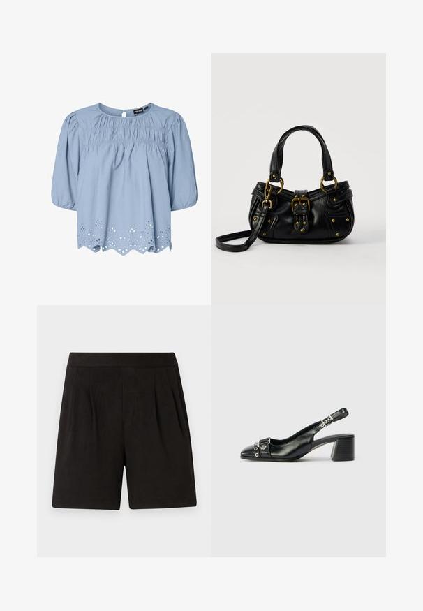 Hellblaue Bluse aus Baumwolle mit Rundhalsausschnitt, Puffärmeln und aufwendigen Spitzenornamenten am Saum.; Schwarze Shorts aus weichem Stoff mit einer glatten Textur, elastischem Bund und gefaltetem Vorderdesign. Einfach und schmucklos.; Schwarze Leder-Slingback-Pumps mit spitzem Vorderteil, strukturiertem Riemen mit runden metallischen Akzenten und gestapeltem Blockabsatz.; Schwarze Lederhandtasche mit goldener Schnalle und Nieten, kurzen Griffen und einem verstellbaren Schultergurt vor einem schlichten weißen Hintergrund.