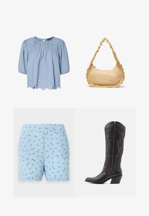 Lichtblauwe blouse van katoen met een ronde halslijn, puffed sleeves en ingewikkelde oogjeskant details aan de zoom.; Blauwe shorts van zachte stof, met een bloemenpatroon met witte en paarse bloemen, en zijzakken. Ontworpen voor comfort en stijl.; Bruine leren cowboylaarzen met vlamstiksels, zijrits, zilveren studs, spits toelopende neus en gestapelde hak.; Geverfde beige tas met een ronde vorm, rafelige rand langs de randen en een korte schouderband. Ritsopening aan de bovenkant.