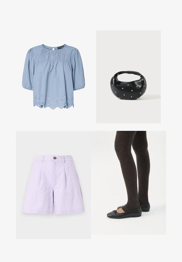 Blusa azul claro de algodón con escote redondo, mangas abullonadas y detalles de encaje de ojo de perdiz intrincados en el dobladillo.; Pantalones cortos lila de tela ligera con un frente plisado, cierre de botón, trabillas para cinturón y bolsillos laterales. Bordes limpios y diseño clásico.; Piernas con leggings oscuros acanalados combinados con bailarinas negras que presentan pequeños detalles de lazo sobre un fondo blanco.; Bolso de mano de cuero negro con forma redondeada, decorado con detalles de tachuelas plateadas y un asa corta. Textura lisa y cierre con cremallera.