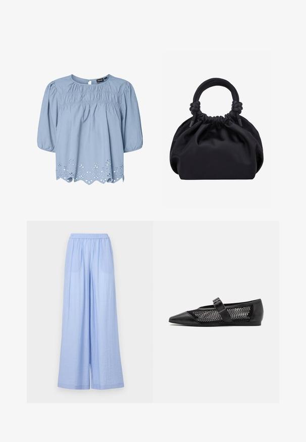 Blouse bleu clair en coton avec un col rond, des manches bouffantes et des détails en dentelle ajourée complexes au niveau de l'ourlet.; Pantalons larges bleu clair en tissu texturé, avec une taille élastique et deux poches latérales.; Chaussure plate noire avec un bout pointu, panneaux latéraux en maille et une sangle avec une boucle décorative. Fini lisse sur les sections du bout et du talon.; Sac à main en tissu noir doux avec haut froncé et poignées circulaires rembourrées nouées de chaque côté.