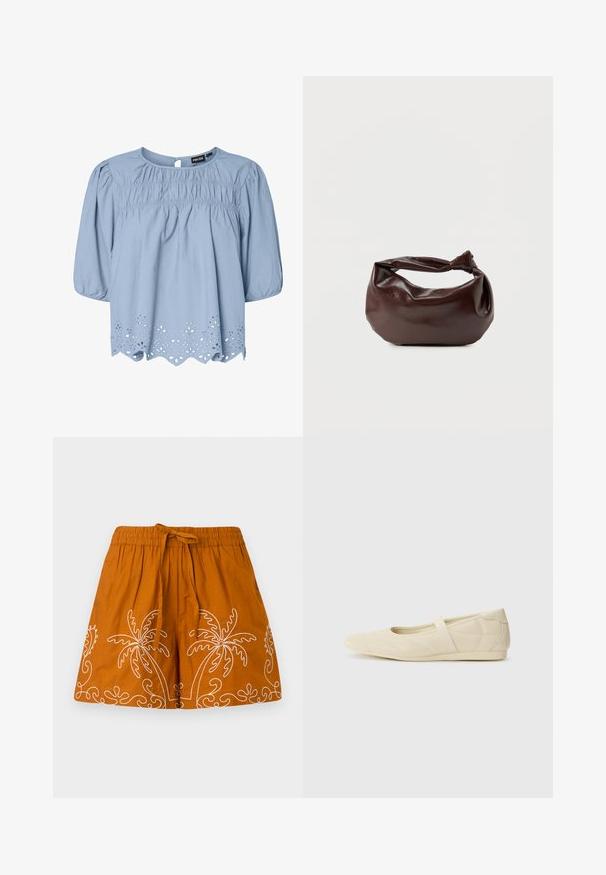 Blusa azul claro de algodón con escote redondo, mangas abullonadas y detalles de encaje de ojo de perdiz intrincados en el dobladillo.; Falda de algodón naranja con cinturilla elástica, que presenta diseños bordados en blanco de palmeras y patrones decorativos en espiral a lo largo del dobladillo.; Bailarinas beige con un exterior de cuero liso, punta en forma de almendra y una correa elástica en el empeine, con detalles de costura sutiles.; Bolso de hombro de cuero marrón oscuro con una forma suave y caída, y un asa con nudo torcido sobre un fondo blanco liso.