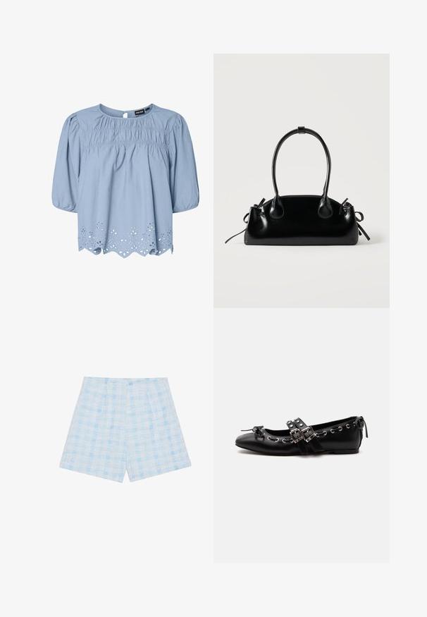Lichtblauwe blouse van katoen met een ronde halslijn, puffed sleeves en ingewikkelde oogjeskant details aan de zoom.; Lichtblauwe geruite shorts van textuurstof, met een losse pasvorm en plooien voor extra detail.; Zwarte platte balletschoen met dubbele gespsluitingen, zilveren oogjes en een klein strikje nabij de afgeronde neus op een witte achtergrond.; Kleine zwarte glanzende handtas met twee lange hengsels en zijkant trekkoord details op een effen lichte achtergrond.