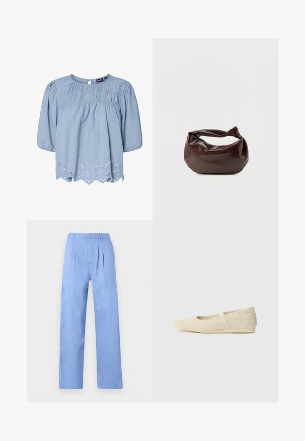 Blusa azul claro de algodón con escote redondo, mangas abullonadas y detalles de encaje de ojo de perdiz intrincados en el dobladillo.; Pantalones de lino azul claro con un frente con pliegues, cintura alta y un diseño de pierna recta. Presentan un cierre de botón en la cinturilla.; Bailarinas beige con un exterior de cuero liso, punta en forma de almendra y una correa elástica en el empeine, con detalles de costura sutiles.; Bolso de hombro de cuero marrón oscuro con una forma suave y caída, y un asa con nudo torcido sobre un fondo blanco liso.