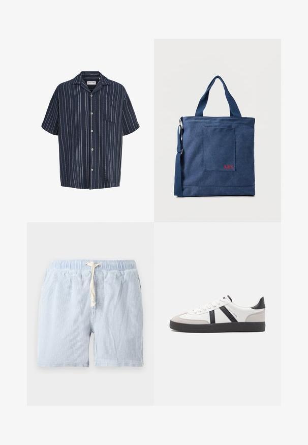 Camisa de manga corta azul marino con rayas verticales blancas y un bolsillo en el pecho, etiquetada Jack & Jones.; Pantalones cortos a rayas de color azul claro, hechos de un tejido suave con cintura elástica y cordón. Con bolsillos laterales y un corte relajado.; Zapatilla blanca con acentos en negro y gris, que presenta una puntera texturizada en gris, suela de goma negra y cordones planos blancos. Diseño limpio, estilo minimalista.; Bolso tote de lona azul con bolsillo frontal y bordado rojo "O.N.S", con asas dobles y una correa ajustable para el hombro.