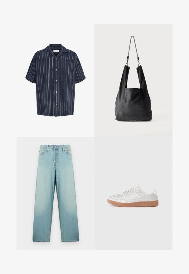 Tumesinine lühikeste varrukatega nööbitav särk valgete vertikaalsete triipude ja rinnataskuga, millel on silt Jack & Jones.; Heledad sinine laiekandiline teksad, mis on valmistatud nii denimist kui ka pleekinud viimistlusest. Omab esist nuppluku ja viit taskut.; Hõbedased tennised, millel on sile tekstuur, nööridega disain, perforatsioonidega aktsendid ning kootud pruun kummitald.; Mustast pehmest kangast käekott laia käepidemega ja õhuke must-valge palmikuga õlarihmaga.