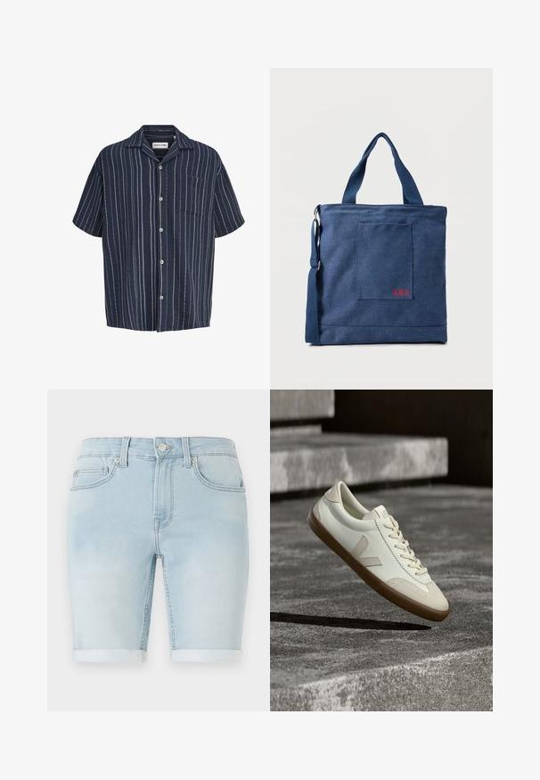 Marineblå kortærmet skjorte med knapper, hvide lodrette striber og en brystlomme, mærket Jack & Jones.; Lysblå denimshorts med opretstående kant, klassisk fem-lomme design og frontknaplukning. Glat tekstur med let slid.; Hvide læder sneakers med tanfarvet gummisål, flade snørebånd og V-formet detalje på siden. Har en glat overflade og minimale syninger.; Blå lærredstote taske med frontlomme og rød "O.N.S" broderi, med to håndtag og en justerbar skulderrem.