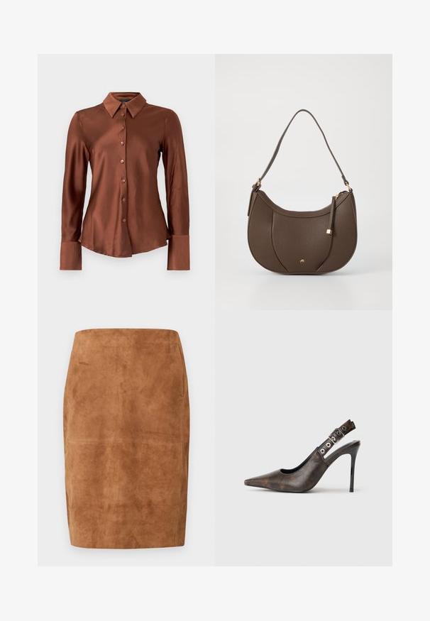 Chemise en satin marron à manches longues, boutonnée à l'avant, avec un col pointu. Elle présente une finition texturée et un ourlet arrondi.; Jupe crayon en daim marron avec taille haute et ourlet au genou, dotée de détails de couture subtils.; Chaussure à talon haut slingback en cuir marron, à bout pointu, avec une sangle réglable et un talon aiguille noir sur fond uni.; Sac à main en cuir brun avec une forme courbée, accentué par un petit détail en métal doré et une surface texturée, doté d'une fermeture éclair.