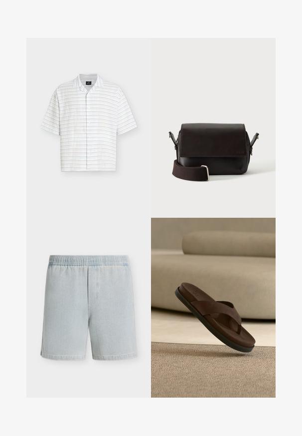 Chemise blanche à manches courtes avec fines rayures horizontales bleu, marron et beige, avec un col camp.; Short en denim bleu clair avec taille élastique et texture subtile, présenté à plat sur un fond blanc uni.; Sandale claquette en cuir marron avec une semelle noire suspendue au-dessus d'un tapis beige dans un intérieur aux tons neutres.; Sac bandoulière en cuir marron foncé avec fermeture à rabat et sangle en tissu réglable sur fond blanc.