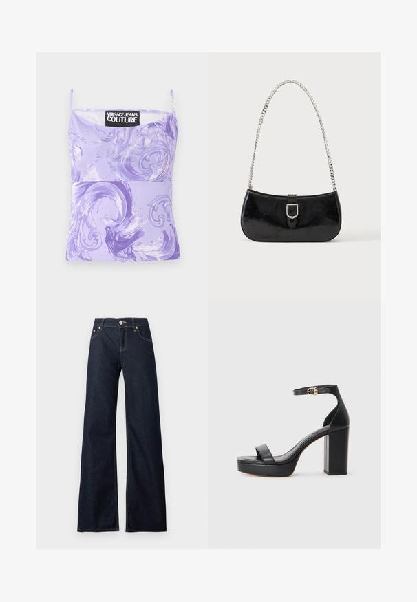 Lilla ærmeløs Versace Jeans Couture-top med hvirvlende abstrakte barokmønstre og tynde skulderstropper.; Mørkeblå jeans med vide ben, knaplukning, bæltestropper, forlommer og kontrastsyning.; Sorte platform sandaler med en tykk blokhæl, glat lædermateriale, åbent tådesign og en ankelrem med en guldspænde detalje.; Sort skuldertaske i laklæder med sølv spænde og sølv kæderem, vist mod en ensartet lys baggrund.