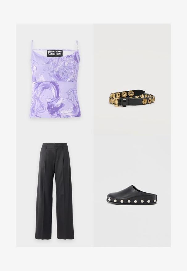 Lilakinsininen hihaton Versace Jeans Couture -paita, jossa pyörteisiä abstrakteja barokkikuvioita ja ohuet olkaimet.; Mustat leveät housut, joissa on pikkuflareja, valmistettu sileästä kankaasta. Ominaisuuksina räätälöity vyötärö ja siistit linjat, sopivat muodollisiin tilaisuuksiin.; Musta nahkainen puukenkä pyöreällä kärjellä ja litteällä pohjalla, jossa korostevärinä valkoisia kohollaan olevia niittejä sivuilla.; Musta nahkavyö, joka on kierretty renkaiksi, ja siinä on kultaiset pyöreät silmukat sekä kultainen solki, esitettynä yksinkertaisella vaalealla taustalla.