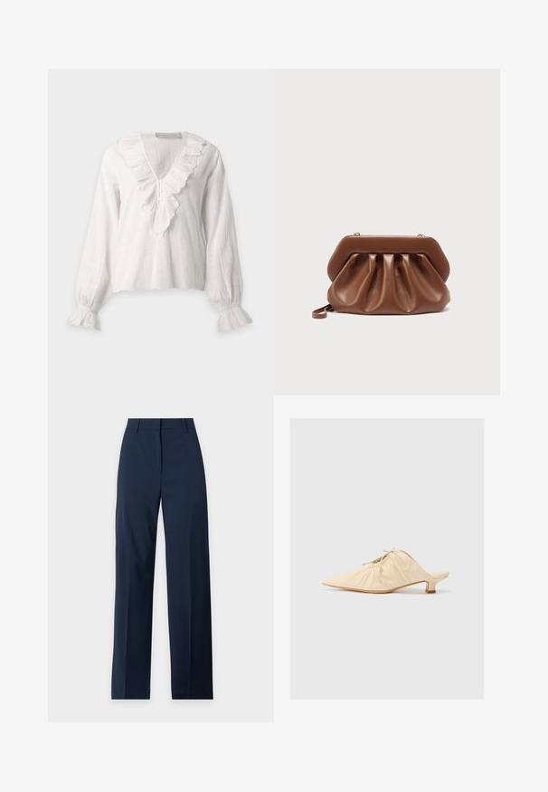 Witte blouse met lange mouwen, gerimpelde V-hals en manchetten, knoopdetail onder de hals en subtiel gestructureerd patroon op de stof.; Marineblauwe rechte broek met riemlussen, voorritssluiting en een nette tailleband op een lichte achtergrond.; Crème-kleurige leren instap schoenen met een spitse neus, geplooide details aan de voorkant en een korte blokhak.; Bruin leren clutch met geplooid ontwerp en gestructureerd bovenframe, voorzien van een klein polsbandje en gouden sluitingsdetails.