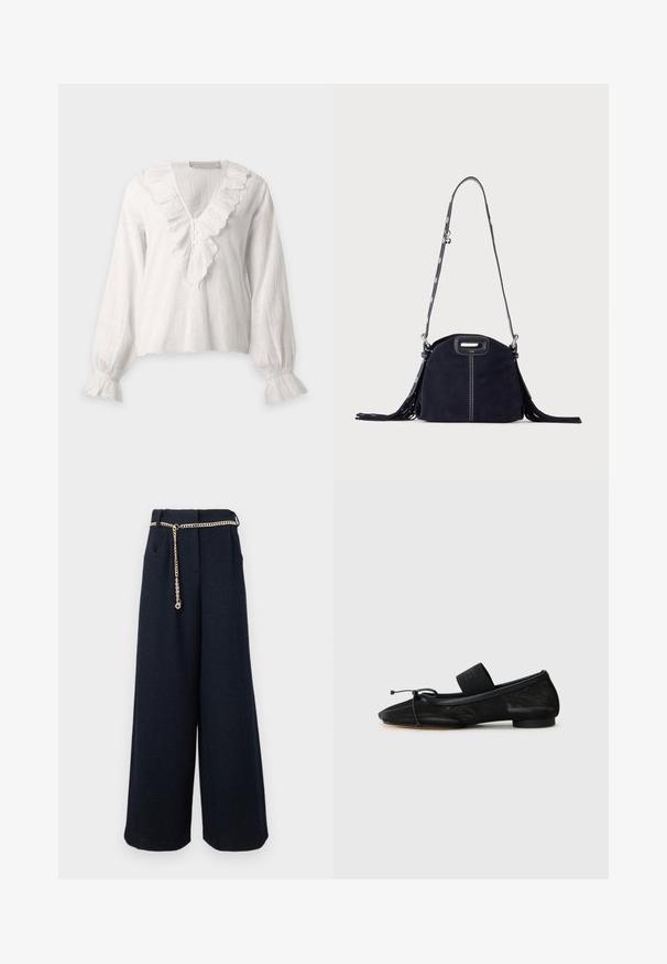 Blouse blanche à manches longues avec col en V volanté et poignets, détail de boutons sous le col et motif texturé subtil sur le tissu.; Pantalon noir à jambes larges avec poches latérales et une fine ceinture chaîne dorée ornée d'un petit charm floral.; Chaussure plate noire avec un bout pointu, fabriquée en tissu texturé, avec un accent à nœud et un petit talon rond. Sangle élastique au niveau de la cheville.; Sac à main en daim bleu foncé avec des coutures blanches, une poignée découpée, une bandoulière à motif et de longues franges des deux côtés.