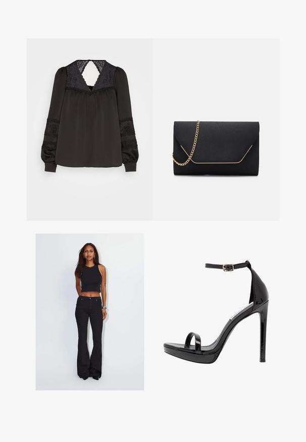 NAF NAF SHOWY - Blouse - noir; Vrouw met lang donker haar die een zwarte mouwloze cropped top en zwarte hoog getailleerde wijde broek draagt, staand tegen een effen lichte achtergrond.; Steve Madden MILANO - Sandalen met hoge hak - black; Zwarte clutch tas met een soepele textuur, voorzien van een gouden schouderriem en een geometrische klepafsluiting omlijnd met goud.