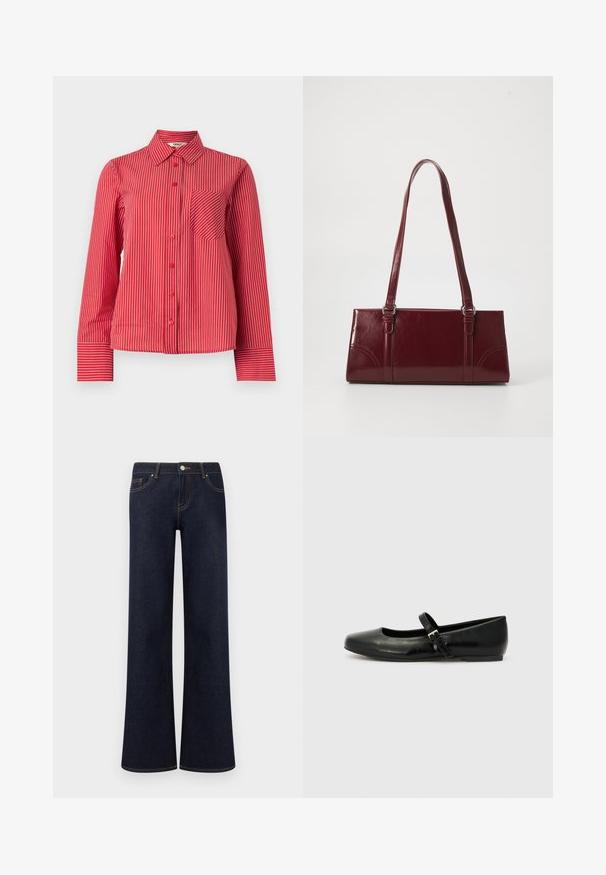 Rød skjorte med knapper, hvide lodrette striber, brystlomme med diagonale striber, lange ærmer og spids krave.; Mørkeblå vidde denimjeans med forlommer, knap- og lynlåslukning samt synlige kontrastsyninger.; Sorte læder balletflade med rund tå, flad sål og en tynd justerbar rem over svangen med en metalspænde.; Bordeaux håndtaske lavet af glansfuldt materiale, rektangulær form, med to skulderremme og subtile buede detaljer på forsiden.