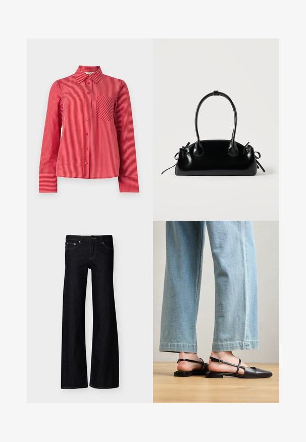 Rood overhemd met witte verticale strepen, een borstzak met diagonale strepen, lange mouwen en een puntige kraag.; Zwarte denim jeans met brede pijpen, voorzakken, knoopsluiting en zichtbare stiksels, gepresenteerd tegen een effen witte achtergrond.; Zwarte leren slingback schoenen met een spitse neus, platte hak en enkelband; gedragen met lichtblauwe wijde jeans.; Kleine zwarte glanzende handtas met twee lange hengsels en zijkant trekkoord details op een effen lichte achtergrond.