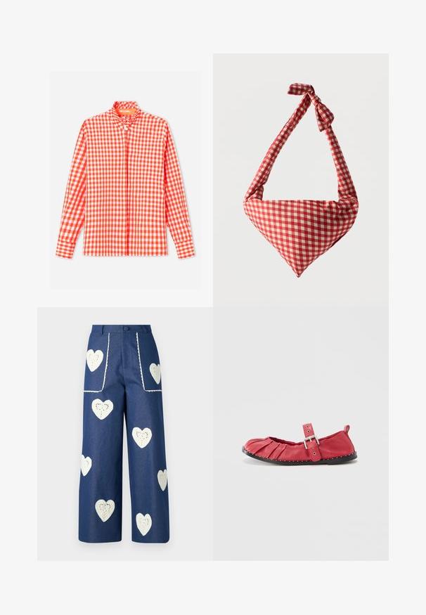 Rød- og hvidternet ginghamskjorte med lange ærmer, flæsekrave og knapper foran. Fremstillet af glat, let stof.; Sister Jane HEART TO HEART - Jeans Straight Leg - blue denim; Rød læder balletflat med folder, justerbar strop med spændelukning og sort gummisål med hvide nitter langs kanten.; Blød stofskuldertaske med rødt og hvidt ternet mønster, håndtag med bundet knude og trekantet form mod en ensfarvet baggrund.