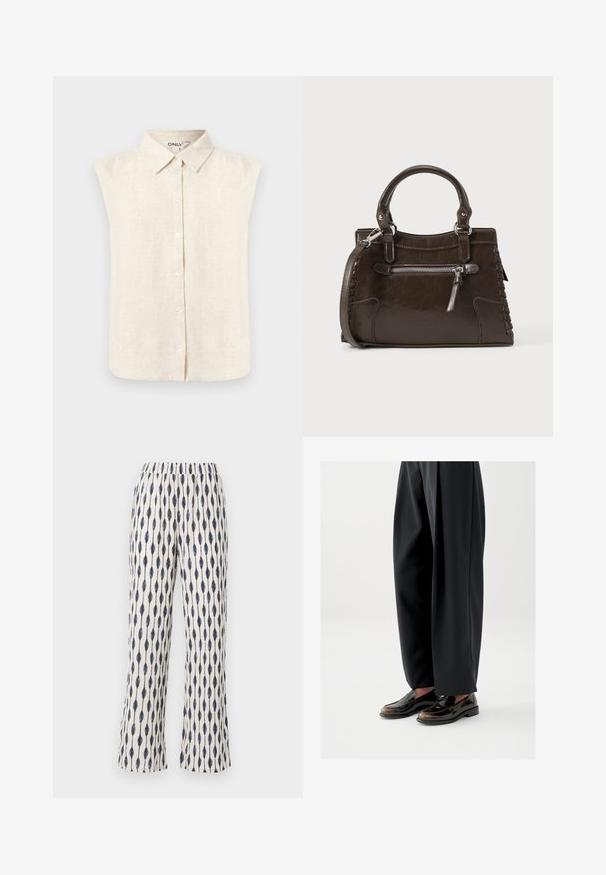 Blouse beige sans manches en lin avec boutons, col pointu et épaules légèrement froncées, design avant uni.; Un pantalon large en tissu crème, présentant un motif répétitif de gouttes d'eau bleu marine. La taille élastique et la texture douce accentuent le confort.; Mocassins noirs en cuir brillant, avec une lanière décorative sur le dessus, assortis à un pantalon noir ample.; Sac à main en cuir marron avec poignées supérieures, poche avant zippée et détails tissés sur les côtés. Texture lisse et forme structurée.