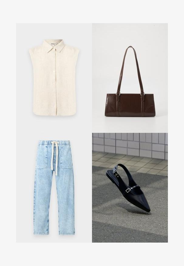 Blouse beige sans manches en lin avec boutons, col pointu et épaules légèrement froncées, design avant uni.; GAP Petite EASY VAN NESS - Jean baggy - light indigo; Mocassin noir à bout pointu et bride arrière, avec double boucle, posé sur un asphalt gris près d'un mur carrelé en arrière-plan.; Sac à main en cuir verni marron de forme rectangulaire, avec deux longues poignées et des accents courbés subtils à l'avant.
