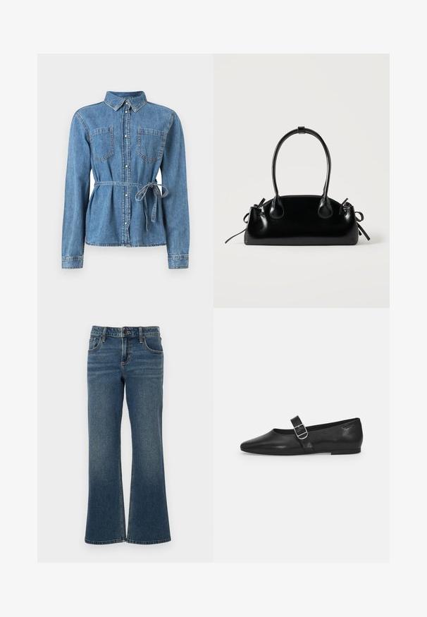 Camisa de denim en azul claro con mangas largas, cierre de botones en la parte frontal, dos bolsillos en el pecho y cintura con cinturón para un ajuste ajustable.; Pantalones vaqueros de mezclilla oscuros de corte acampanado con cintura alta, cinco bolsillos y costuras contrastantes. El tejido tiene una textura suave y ligeramente desgastada.; Zapato plano de cuero negro con punta redondeada, una sola correa ajustable con hebilla y una textura suave y brillante. Diseño minimalista con un tacón bajo.; Pequeño bolso negro brillante con dos asas largas y detalles de cordón lateral sobre un fondo claro liso.