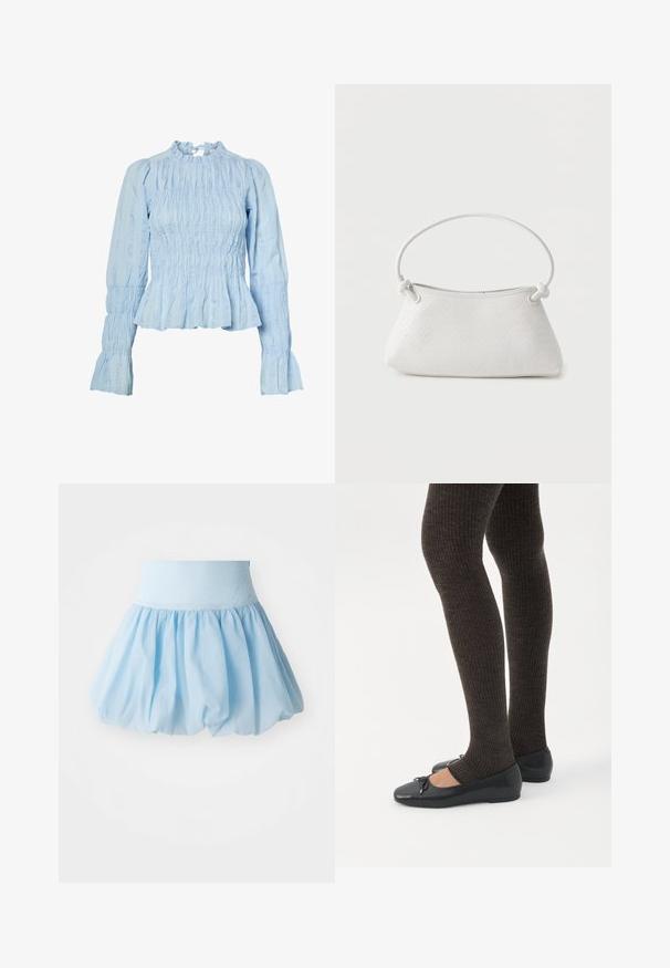 Hellblaue Bluse mit langen Ärmeln, hohem gerafftem Kragen, strukturiertem, gerafftem Stoff, ausgestellten Bündchen und Bindverschluss auf der Rückseite.; Hellblauer, gepuffter Rock mit einem breiten elastischen Bund. Hergestellt aus weichem, leichtem Stoff mit einem fließenden, gerafften Design.; Beine in dunklen, gerippten Leggings kombiniert mit schwarzen Ballerinas mit kleinen Schleifendetails auf weißem Hintergrund.; Weiße gewebte Lederhandtasche mit abgerundetem Griff und verknoteten Riemenenden, vor schlichtem Hintergrund präsentiert.