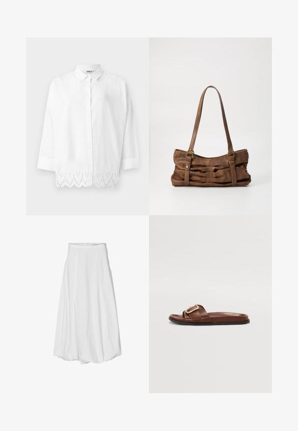 Witte blouse met lange mouwen, knoopsluiting aan de voorkant, kraag en ojale kantdetails langs de gegolfde zoom.; Witte knie-lange rok van soepel katoen, met plooien, een aansluitende tailleband en een ritssluiting aan de achterkant.; Bruine leren slipper met een brede band en een gouden gespaccent, platte zool en een gladde textuur.; Even&Odd by Zalando Handtas - brown