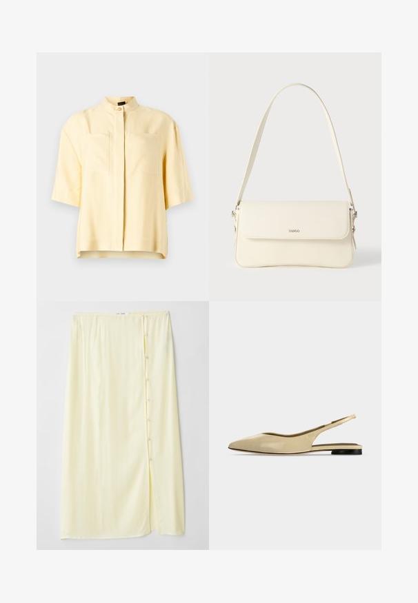 Kortærmet gul bluse med mandarin-krave, der har to forlommer og en glat overflade. Rent, minimalistisk design.; Lang, lys gul nederdel lavet af blødt stof med slids i siden og knaplukning, der har en glat tekstur og afslappet pasform.; Beige spids tå slingback flad sko med lav sort hæl og en glat læderfinish, vist fra siden på en ensfarvet baggrund.; Cremefarvet læder skuldertaske med flaplukning, sølvfarvet beslag, en enkelt justerbar rem og diskrete logodetaljer.