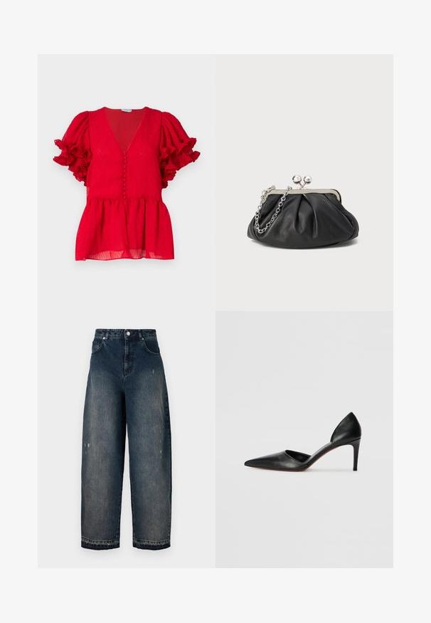 Rød tekstureret bluse med en dyb V-udskæring, knapdetaljer ned langs fronten og rynkede kortærmer. Peplum-stil kant.; Mørk denim vidde bukser med høj talje, fem lommer, synlige sømme og let slid på fronten. Klassisk knap- og lynlås-lukning.; Sorte læder højhælede pumps med spidse tæer, åbne sider og en slank silhuet. Har en tynd hæl og rød sål som accent.; Sort læder clutch med samlet tekstur, sølvfarvet metalramme, kys-lås lukning og kædestrop. Glat, blød overflade.