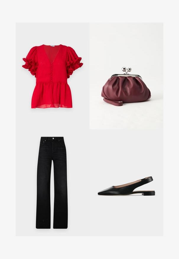 Blouse rouge texturée avec un décolleté en V profond, des boutons sur le devant et des manches courtes à volants. Ourlet style peplum.; Jeans noirs à jambe large en denim. Présentent une taille haute, deux poches avant et une fermeture par bouton métallique. Fini texturé avec un léger délavage.; Chaussure plate en cuir noir avec bride arrière, bout pointu et petit talon carré sur fond blanc.; Petit sac pochette en cuir bordeaux avec fermoir métallique argenté et bracelet sur fond blanc.