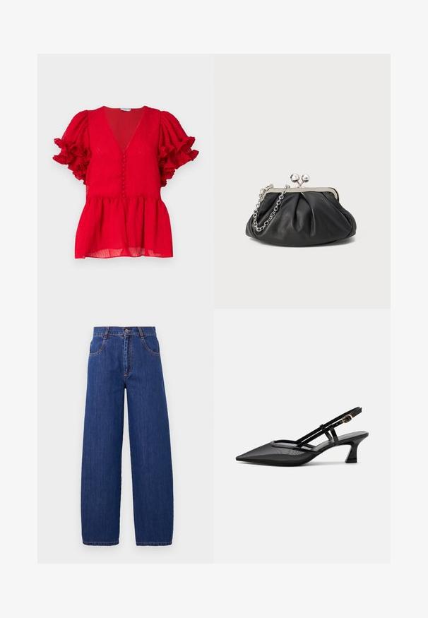 Blusa roja texturizada con un profundo escote en V, detalles de botones en el frente y mangas cortas con volantes. Bajo de estilo peplum.; Vaqueros de mezclilla azul de pierna ancha con cintura alta, que cuentan con bolsillos delanteros y costuras naranjas. La tela tiene una textura suave y un acabado clásico.; Zapato slingback negro con punta afilada, parte superior de malla, tiras delgadas, hebilla dorada y tacón bajo curvado sobre fondo blanco.; Clutch de cuero negro con textura arrugada, marco de metal en tono plateado, cierre de beso y cadena para colgar. Superficie suave y lisa.