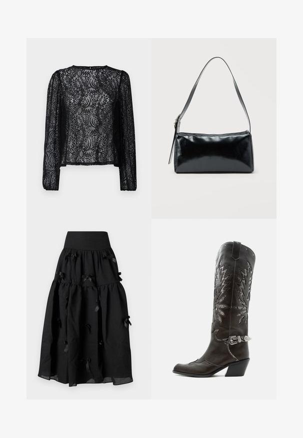 Zwarte kant blouse met lange mouwen, gekenmerkt door een bloemenpatroon, ronde halslijn en een iets losse pasvorm met elastische manchetten.; Sister Jane BIRDIE BOW MIDI SKIRT - A-lijn rok - black; Zwarte leren cowboylaars met decoratieve uitsnijdingen, zilveren gesp en schuine hak, weergegeven op een witte achtergrond.; Zwarte rechthoekige schoudertas met een enkele verstelbare band en een bovenste ritssluiting op een effen achtergrond.
