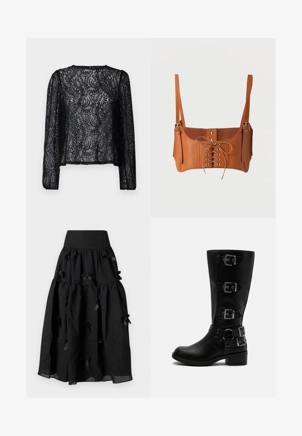 Zwarte kant blouse met lange mouwen, gekenmerkt door een bloemenpatroon, ronde halslijn en een iets losse pasvorm met elastische manchetten.; Sister Jane BIRDIE BOW MIDI SKIRT - A-lijn rok - black; Zwarte leren laars tot halverwege de kuit met vier verstelbare metalen gespen en een lage blokhak op een witte achtergrond.; Bruine leren cropped bustier met veter aan de voorkant, zilveren oogjes, drukknopen en verstelbare schouderbandjes met metalen gespen.