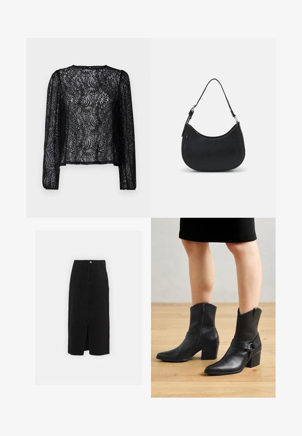 Zwarte kant blouse met lange mouwen, gekenmerkt door een bloemenpatroon, ronde halslijn en een iets losse pasvorm met elastische manchetten.; Zwarte denim midi-rok, met een split aan de voorkant, een klassieke vijf-pocket ontwerp en een zilveren knoopsluiting in de taille.; Zwarte leren enkellaarzen met een puntige neus, ritssluiting, gebogen hak en een decoratieve band met metalen accenten.; Zwarte hobo tas van soepel leer met een gebogen silhouet, voorzien van een enkele verstelbare schouderriem en minimalistische ontwerpdetails.