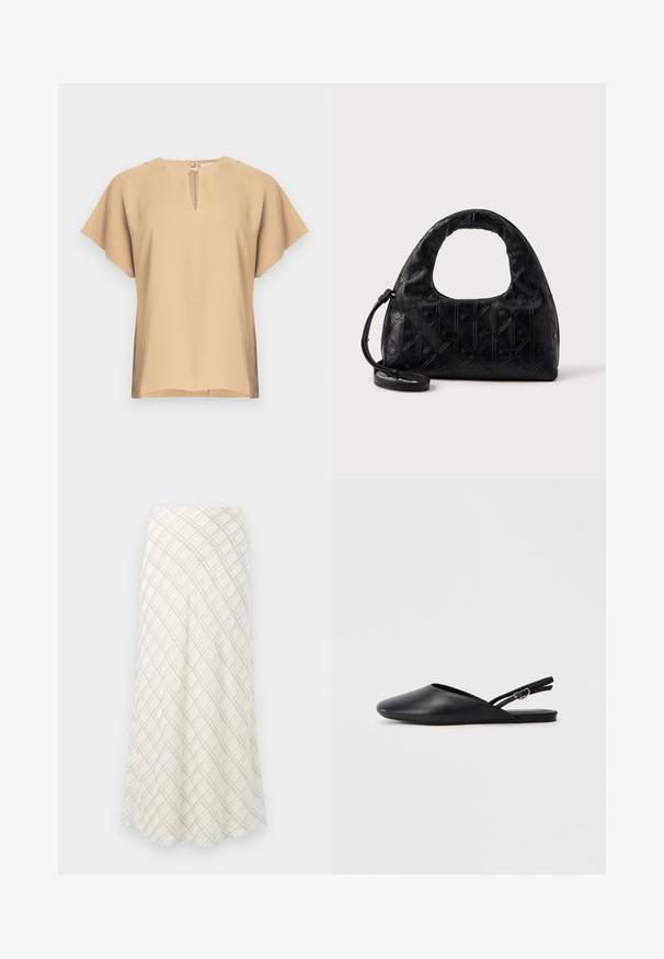 Blouse beige avec un col en forme de goutte et des manches courtes et larges. Tissu lisse avec une coupe décontractée et un ourlet droit. Design minimaliste.; Jupe longue de couleur crème avec un motif à carreaux diagonal gris. Design fluide avec une texture lisse, s'évasant vers l'ourlet.; Chaussures slingback en cuir noir avec un bout pointu, un design incurvé et une sangle réglable à boucle. Texture lisse, semelle plate, détails minimaux.; Sac à main en cuir noir avec une anse supérieure incurvée, un motif en diamant subtile, et une bandoulière détachable. La texture est lisse avec des détails embossés.