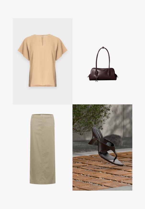 Beige bluse med nøglehul-halsudskæring og korte, brede ærmer. Glat stof med afslappet pasform og lige kant. Minimalistisk design.; Beige linned midi nederdel med en flad talje, sidelommer og en lige silhuet, der har minimal syning og ingen synlig hardware.; Brun Calvin Klein hælet thong sandal svævende over træflise og grus udendørs med sløret grønt og stenmur i baggrunden.; Mørkebrun lædertaske fra Calvin Klein med lange dobbelte håndtag og en lille logohængende ved det ene håndtag.