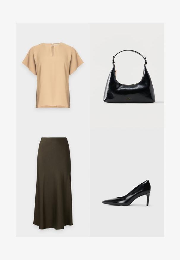 Blouse beige avec un col en forme de goutte et des manches courtes et larges. Tissu lisse avec une coupe décontractée et un ourlet droit. Design minimaliste.; Jupe longue de couleur vert foncé, finition satinée, avec une ligne d'ourlet évasée et une texture lisse. Design simple, sans motifs visibles ni accessoires.; Chaussure à talon haut en cuir noir avec un bout pointu, texture lisse et un talon effilé. Design minimaliste, sans embellissements supplémentaires.; Sac à main Calvin Klein noir brillant avec fermeture éclair dorée et anse courte sur fond blanc uni.